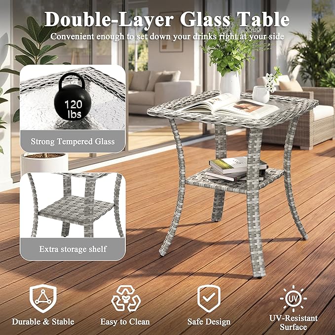 6 Piece Wicker Patio Furniture Set, Swivel Rocking Chairs with 4''Cushions, PE Rattan, Rust Resistant Frame, Double Layer Glass Side Table, for Backyard, Deck or Balcony, Navy