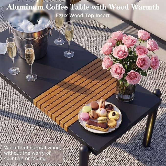 Aluminum Patio Furniture Set, 4 Seats Outdoor Patio Furniture with Coffee Table, Outdoor Wicker Conversation Sets with Cushion for Backyard, Balcony,Porch,Light Grey