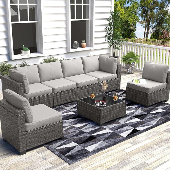 GarveeHome 7 Piece Patio Furniture Set, PE Rattan Wicker Sectional Sofa Set with Cushions & Glass Top Coffee Table, Outdoor Conversation Furniture for Garden, Balcony, Porch, Backyard