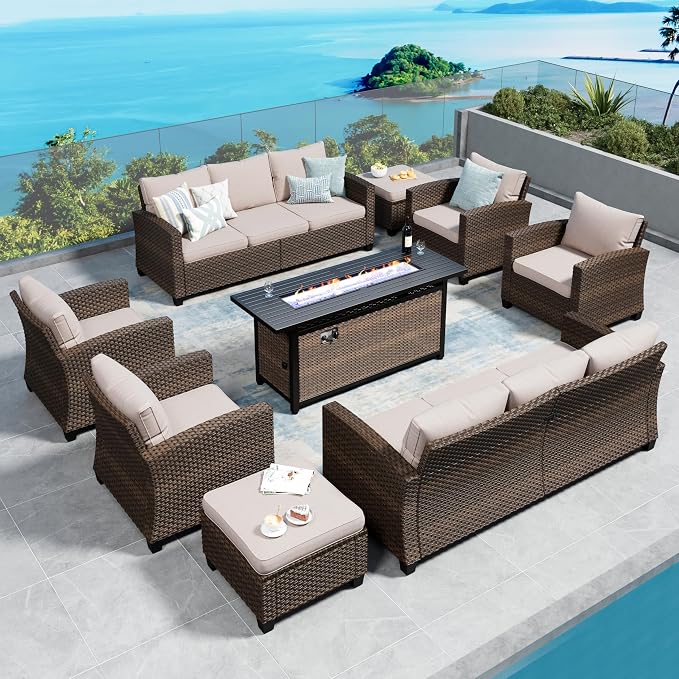 SUNSHINE VALLEY Patio Furniture Set Outdoor Furniture Brown Wicker Rattan Patio Conversation Sets with Cushion Outside Sofa Set,8 Pieces with Rectangular Firepit Table,12 Seats,Beige