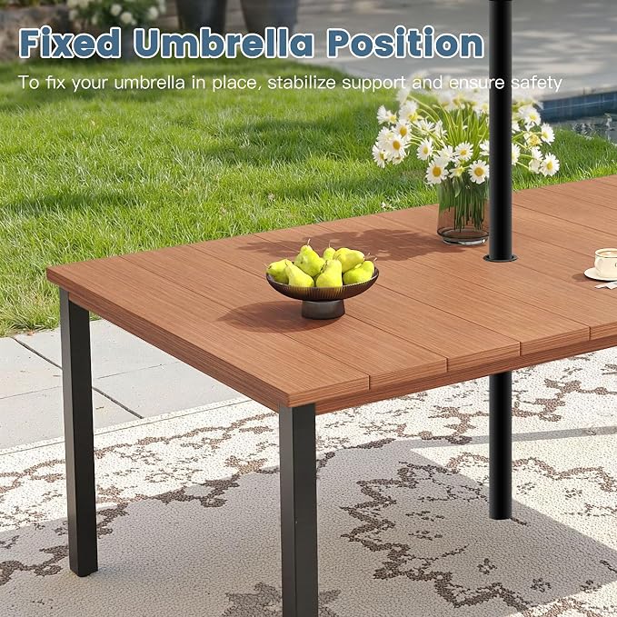 DIFY 7 Pieces Outdoor Dining Set, Metal Patio Table and Chairs Set for 6, 63" Rectangle Dining Table with Umbrella Hole & Wicker Stackable Patio Chairs with Cushions, Walnut Tabletop