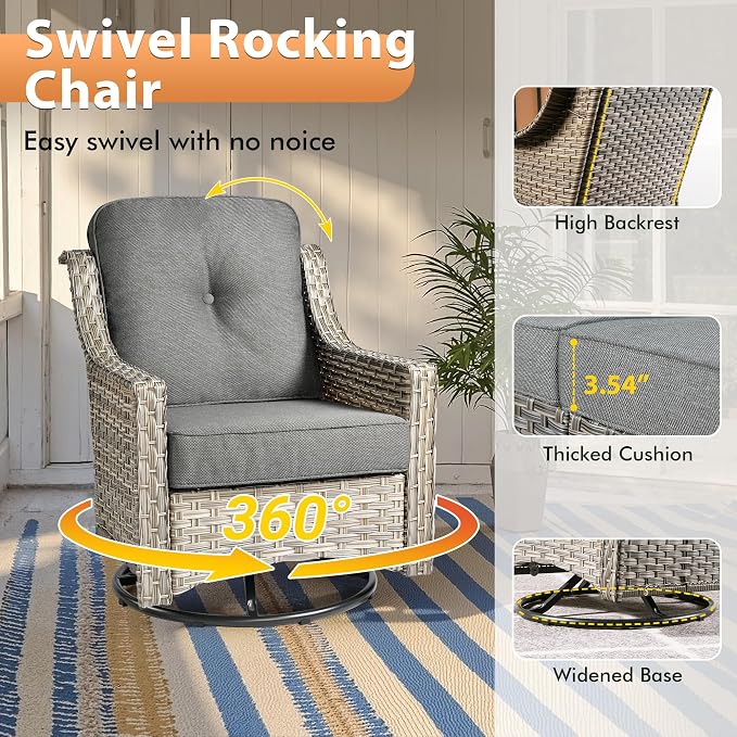 6 PCS Outdoor Patio Furniture Sets,Patio Conversation Sets Outside Rattan Soft Cushion Sofa with 2 Wicker Rocking Chairs & 54 in Fire Pit Table Fit Backyard Porch Garden Poolside Balcony,Dark Grey