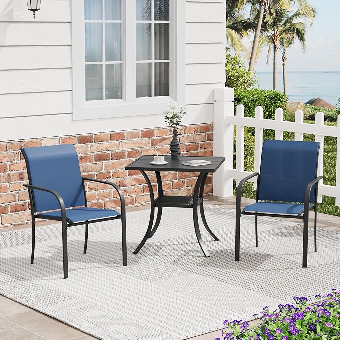 3 Pieces Patio Dining Set, 28" Square Dining Table with Storage Shelf, 2 Stackable Textilene Fabric Chairs, Metal Structure for Patio, Porch, Garden(Black Table, Blue Chair)