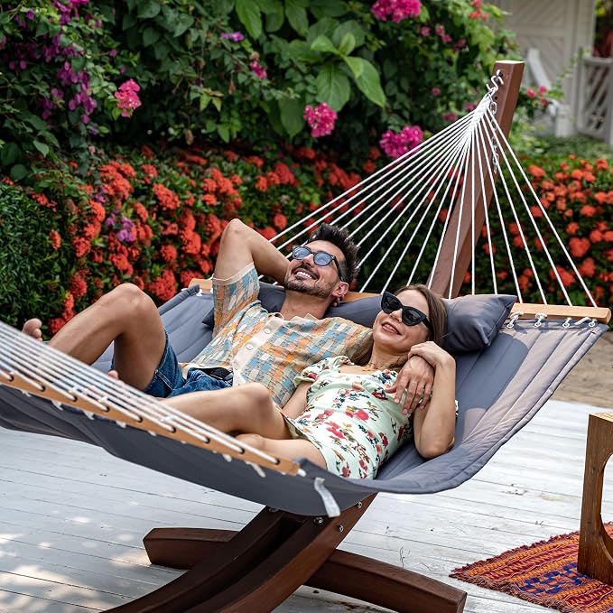 Lazy Daze Hammocks 10.5FT 2 Person Double Quilted Fabric Hammock with Spreader Bar, Detachable Pillow, Side Pocket, Carabiners, Chains, Straps for Outdoor, 450lbs Capacity, Grey