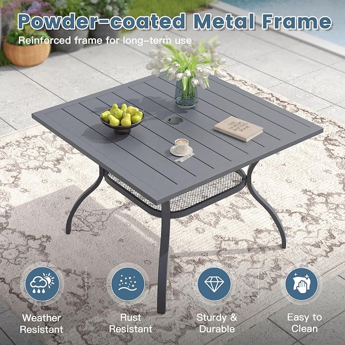 DIFY 5 Pieces Outdoor Patio Dining Set for 4, 37.8" Metal Square Dining Table and 4 Textilene Patio Swivel Chairs with Curved Armrests, Outdoor Table and Chairs, Grey