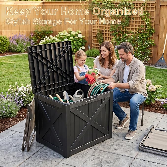 35 Gallon Waterproof Resin Deck Box, Outdoor Lock Toy Storage Bins Container for Patio Cushions Garden Tools, Delivery Box, Black