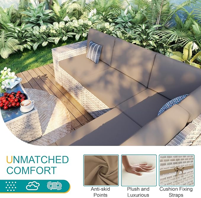 12-Piece Patio Furniture Set, Outdoor Extra Wide Armrest Modular Patio Sofa, Dual-Strand Rattan Wicker, Rust-Resistant Frame, Backyard High Back, Large Seat Furniture for Porch Garden Balcony, Khaki