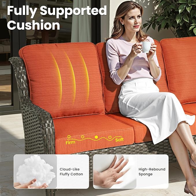 ovios 10 Pieces Patio Furniture Set with Swivel Rocking Chairs, Outdoor Wicker Sofa Couch Comfy Cushions, All Weather High Back Modern Conversation Set, Brown Rattan, Orange Red