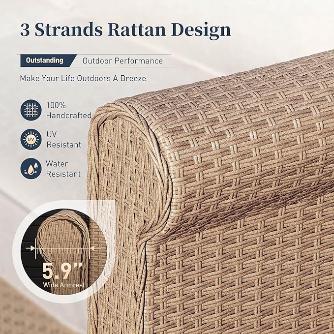 Patio Furniture Set 6 pcs, Wicker Rattan Sofa with 5.5” Thick Waterproof Cushions, 2 Chairs, 2 Ottomans and Coffee Table, All Weather Outdoor Conversation Set for Backyard Deck, 7 Seats Beige