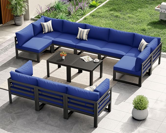 NICESOUL 12 Pcs Extra Large Modern Aluminum Outdoor Sofa with Coffee Table, 29" Deep Wide Seat, 500 lbs Durable Sectional Set for Heavy People,High End Patio Furniture Set for Backyard Lawn, Navy Blue