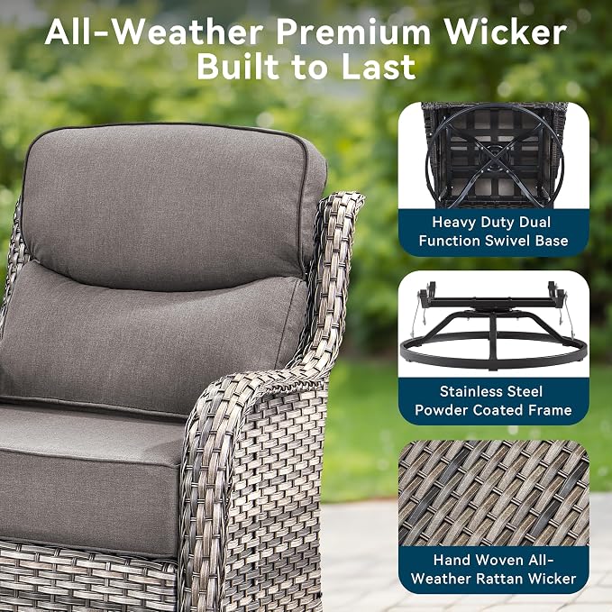 Luxury High Back Outdoor Furniture with 6-Inch Thick Cushions, Patio Furniture Set with Swivel Chairs, 6 PCS Wicker Conversation Set for Porch, Balcony, Deck and Yard
