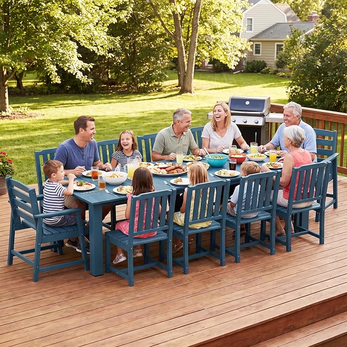 LOUNZY 11 Piece Patio Dining Set for 10, Outdoor Table and Chairs, Navy | 89.4“ table,Spacious 10 person outdoor table and chairs set, HDPE structure, built for entertaining and family events