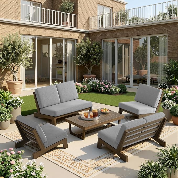 7 Pieces All Weather Wood Patio Furniture Sets, 2 Patio Loveseat, 4 Patio Bistro Chair, Outdoor Sectional Sofa Furniture Backyard Conversation Set with Coffee Table - Grey
