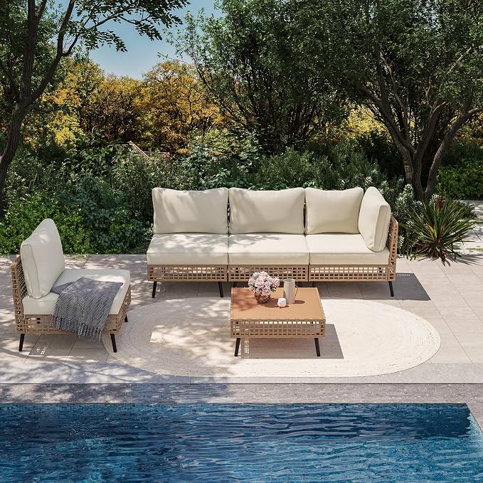 LAUSAINT HOME 5 Pieces Outdoor Sectional Sofa Set, All-Weather PE Wicker Rattan Patio Conversation Set with Thick Cushions & Coffee Table, Patio Furniture Set for Garden, Backyard, Porch (Beige)