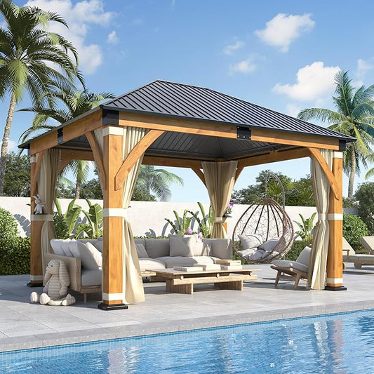 COVERONICS 11' x 13' Outdoor Wood Gazebo with Galvanized Steel Roof, Heavy-Duty Spruce Wood Frame Patio Hardtop Gazebo with Netting & Curtains for Backyard, Deck, Poolside, Garden