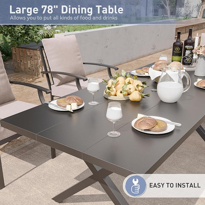 Kurapika 7 Pieces Patio Dining Set Outdoor Furniture with 6 Swivel Chairs, Metal Patio Furniture Set 6 Chairs and Large Table with Umbrella Cutout for Yard Porch Deck, Sand
