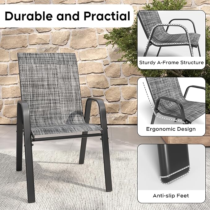 KEIKI 7-Piece Outdoor Patio Dining Set, Waterproof Patio Table and Chairs for 6, Rectangular Metal Table with Umbrella Hole for Lawn Garden Backyard, Blush+Grey