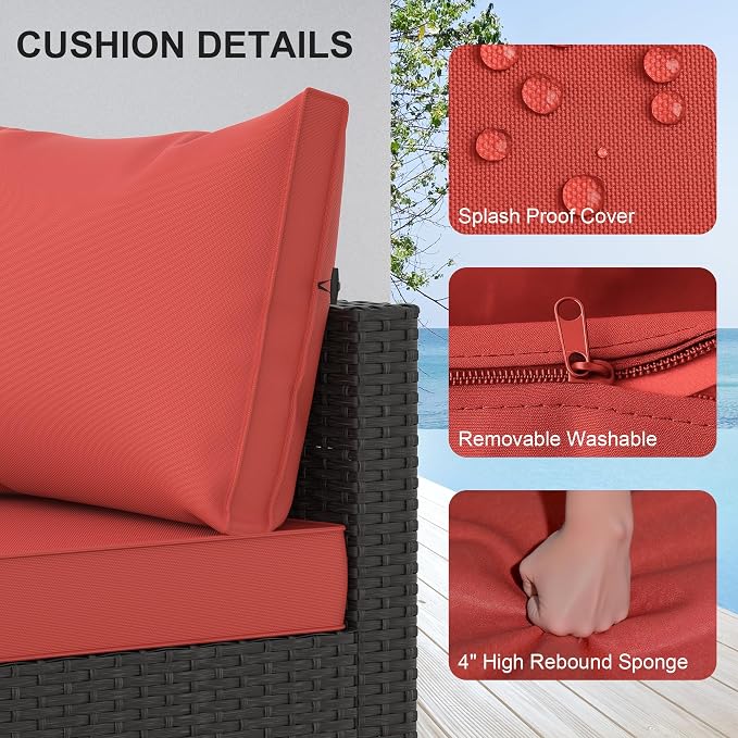 Patio Furniture Set, 6PCS Patio Sectional w/ Fire Pit Tabel Ottoman Wicker Rattan Outdoor Furniture with Thickened Cushion Modular Wicker Patio Conversation Set with Glass Top Table for Balcony(Red)