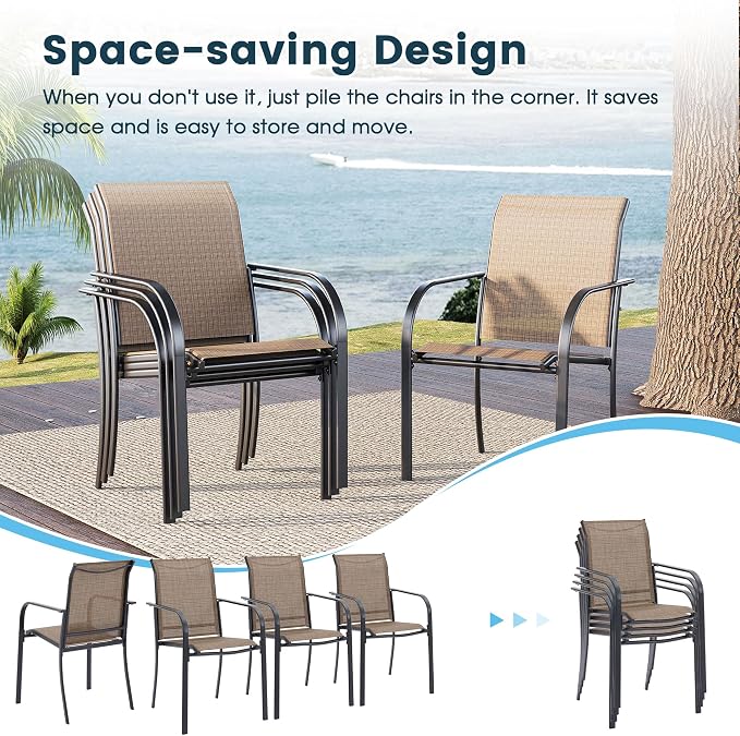 7 Pieces Patio Dining Set, 47" Round Dining Table with Umbrella Hole, 6 Stackable Textilene Fabric Chairs, Metal Structure for Patio, Porch, Garden(Walnut Table, Brown Chair)