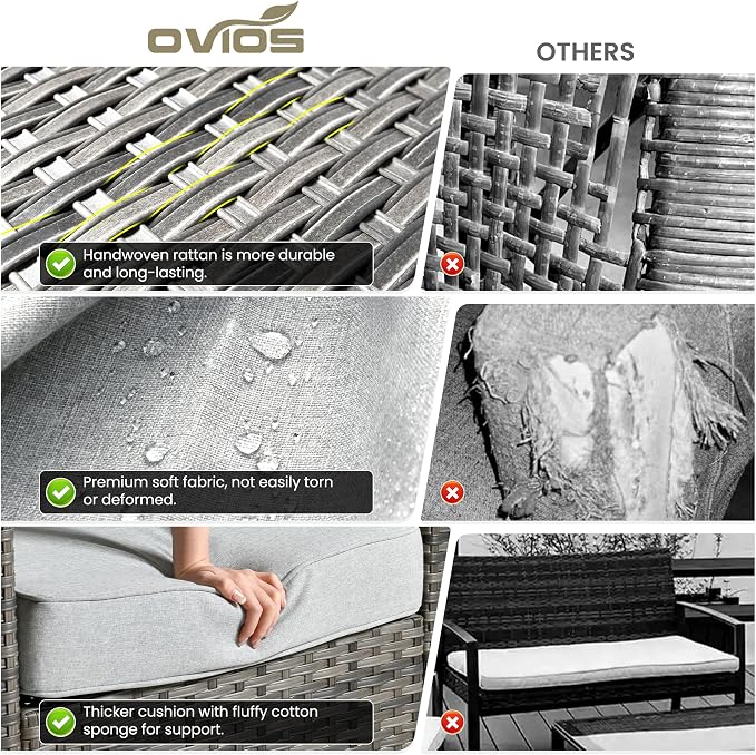 ovios Patio Furniture Set, 5 Pieces Outdoor Wicker Sofa Couch with Chairs, Ottomans and Comfy Cushions, All Weather High Back Rattan Conversation Set, Grey