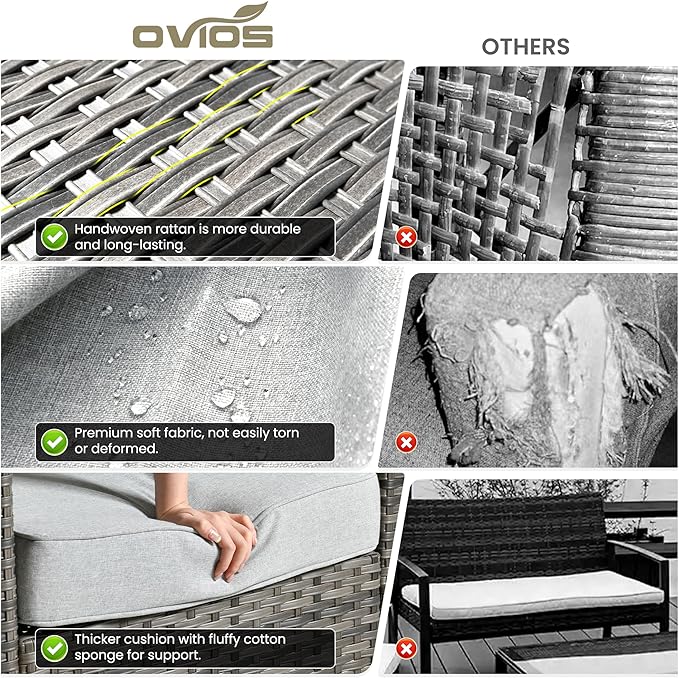ovios Patio Furniture Set, 9 Pieces Outdoor Wicker Sofa Couch with 6 Chairs, Ottomans and Comfy Cushions, All Weather High Back Rattan Conversation Set, Grey
