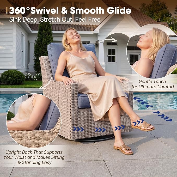NestNook 3 Piece Patio Furniture Set, Outdoor Furniture Wicker Swivel Chairs Set of 2 with Side Table Rattan Patio Conversation Set for Balcony Deck Backyard and Poolside (Blue)