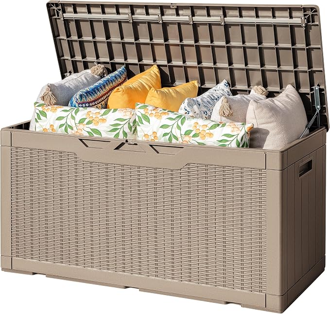 Flamaker Outdoor Storage Box 100 Gallon Waterproof Resin Deck Box Delivery Box with Air Rod Indoor Outdoor Lockable Storage Bench for Patio Cushions, Tools, Pool Accessories (Brown)