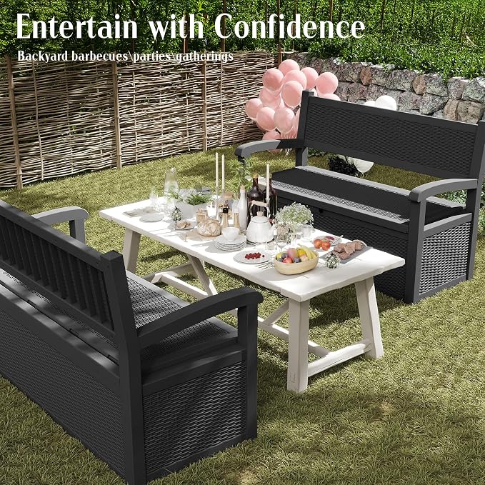 EasyUp 80 Gallon Outdoor Storage Bench Lockable Deck Box Outdoor Storage Box Waterproof for Patio,Garden,and Porch – Perfect for Storing Garden Tools and Cushions(Black Pattern)