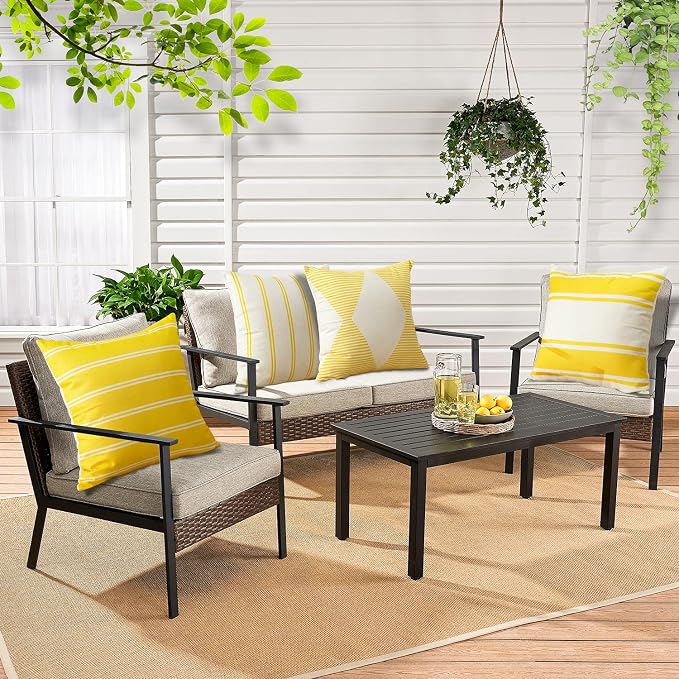 OTOSTAR Outdoor Waterproof Pillow Covers 18x18 Inch Set of 4 Geometry Linen Decorative Throw Pillow Covers Square Cushion Case Garden Throw Pillow Cases Pillows for Patio Furniture Couch Tent (Yellow)
