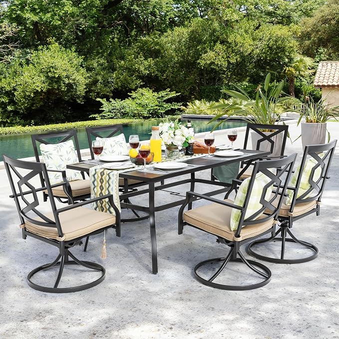 NUU GARDEN 7 Piece Outdoor Patio Dining Set, 6 Swivel Rocker Chairs with Padded Cushions, 61" x 37" Rectangle Iron Dining Table with 1.57" Umbrella Hole,Black and Beige Cushion