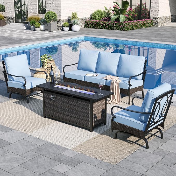 Sophia & William Patio Furniture Set with Fire Pit Table, 4 PCS Metal Outdoor Conversation Set with Fire Pit Table, 2 Sofa Chairs,3-Seater Couch for Outdoor Seating, Backyard, Porch(Blue)