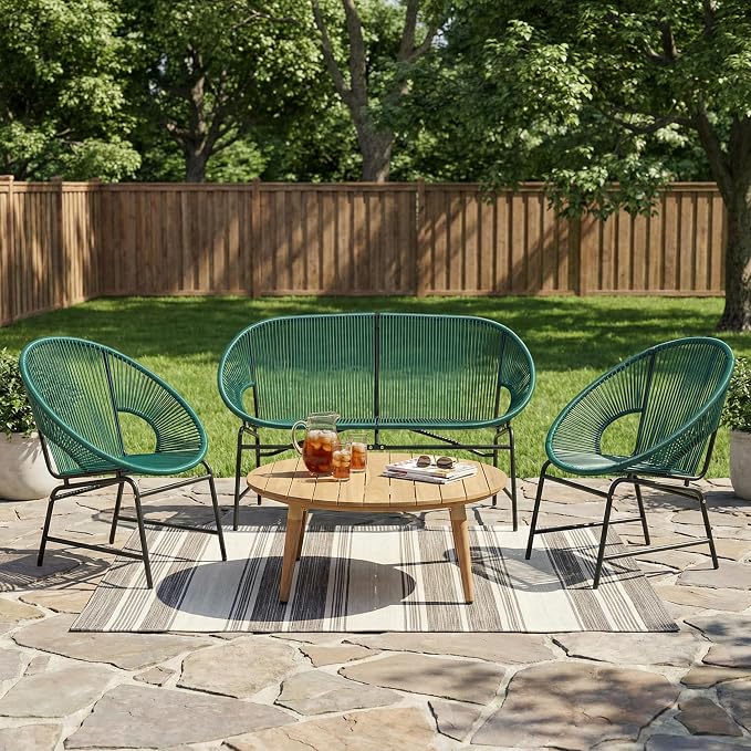 Christopher Knight Home Dessa 4 Piece Patio Furniture Set with Acacia Wood Coffee Table, 4 Seater PE Rattan Outdoor Conversation Set, Metal Outdoor Sectional Sofa Set, Beige+White, Teal
