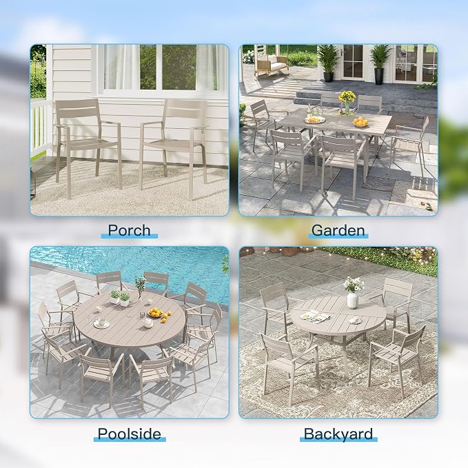 VICLLAX Patio 7 Pieces Outdoor Dining Set for 6, 63" Outdoor Rectangular Metal Dining Table with Umbrella Hole, 6 Stackable Chairs for Lawn, Garden, Porch, Sandshell