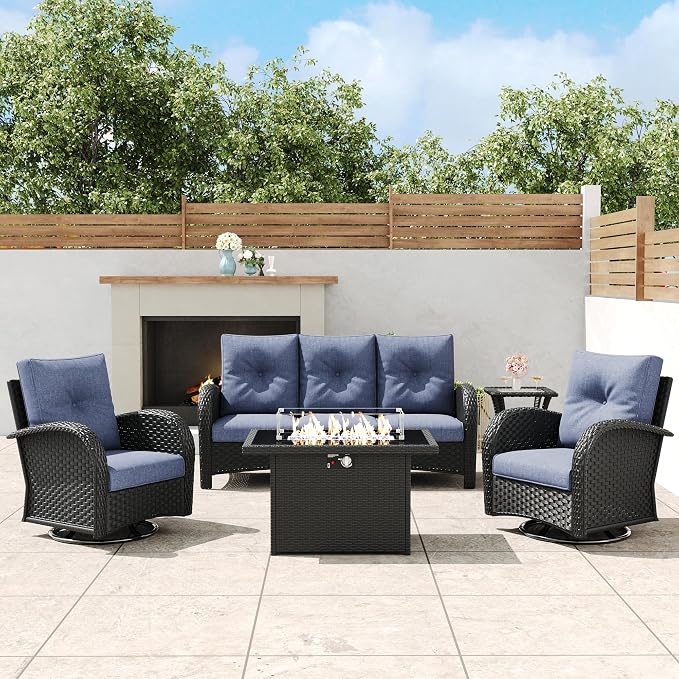 5 Pieces Outdoor Wicker Patio Swivel Rocking Chairs, All Weather Wicker Conversation Set with 44" Fire Pit Table