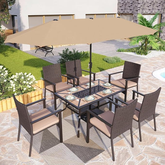 PHI VILLA 7pc Patio Dining Set with Umbrella, Wood-top Table, Rattan Chairs | 61" Wood-top dining table, 6 cushioned rattan wicker chairs, 13ft beige umbrella. Perfect for patio, deck, yard, or porch.
