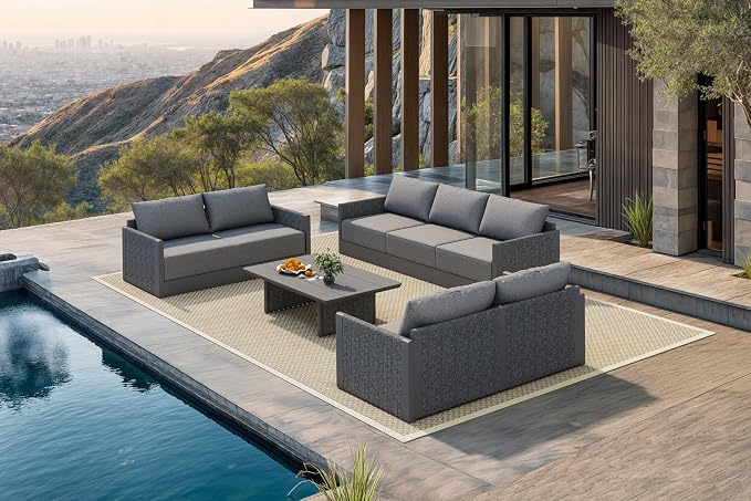 PURPLE LEAF 8 Pieces Outdoor Conversation Sets Patio Furniture Set with Coffee Table PP Rope Patio Sofa with Cushions Manual Weaving Deep Seating Furniture for Porch Lawn Backyard Gray