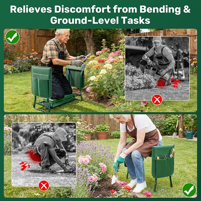 Garden Kneeler and Seat with 2 Tool Pouches for Gardening Work | 350lbs Max Load Alloy Steel Frame, 10.23in Wide EVA Foam Pad, Foldable Stools for Seniors, Kneeler Seats with Handles
