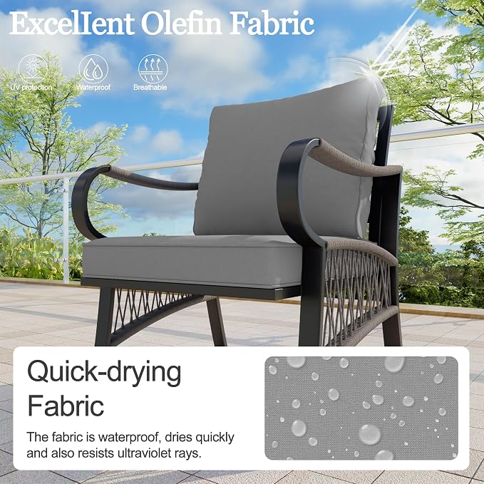 7 Pieces Patio Conversation Sets, All-Weather Metal Swivel Rocking Chairs with Rope Furniture Set, Outdoor Sofa Couch for Deck, Porch, Garden, Backyard, Poolside (Gray Cushions)