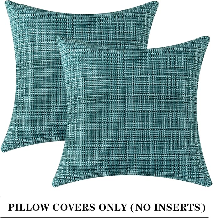 Kevin Textile Outdoor Waterproof 24x24 Inch Pillow Covers 2 Pack, Teal | Water Resistant, Faux Linen Yarn-dyed, Woven Texture Euro Throw Pillow Covers for Tent Patio Garden Couch Sofa
