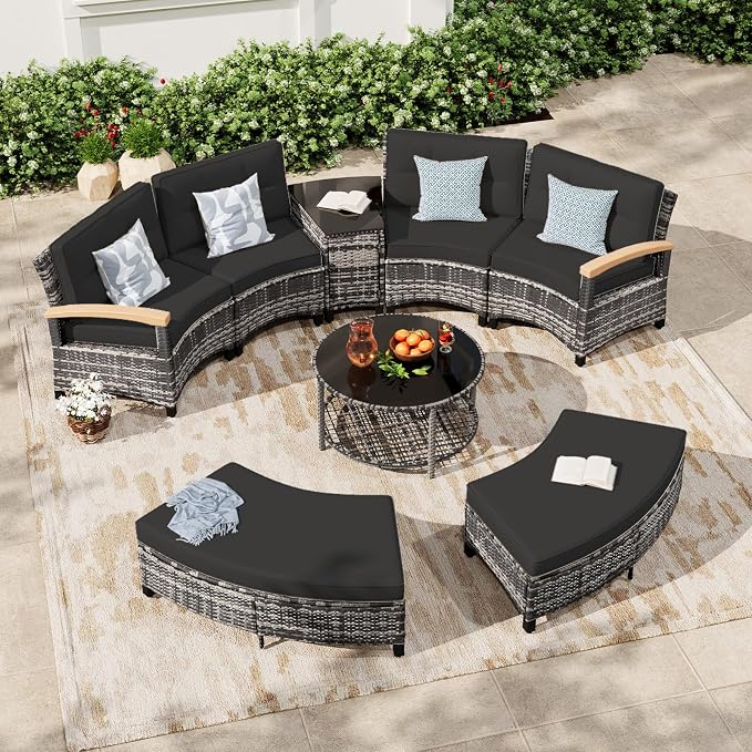 MEISSALIVVE 8-Piece Half-Moon Curved Outdoor Patio Furniture Set, Sectional Conversation Sofa with 2 Half-Moon Ottomans, Coffee & Side Tables for Backyard Deck Garden, Black