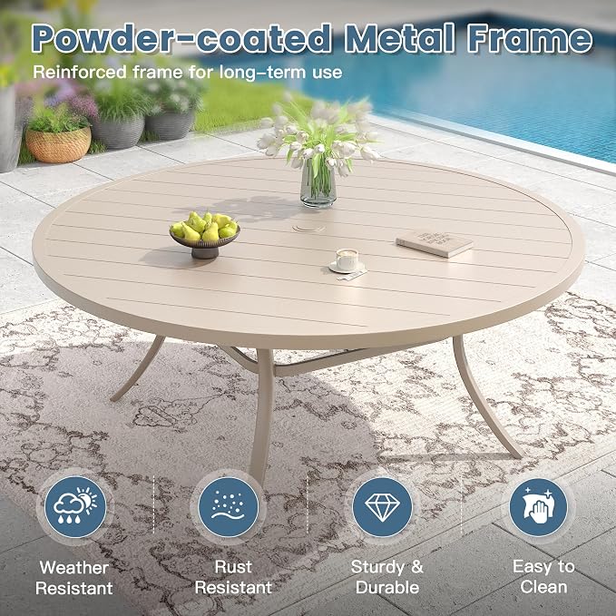 DIFY Patio Dining Set for 10, 11 Piece Outdoor Table and Chairs Set, 63" Round Metal Patio Dining Table and Textilene Stackable Patio Chairs, for Backyard Garden Poolside, Sandshell