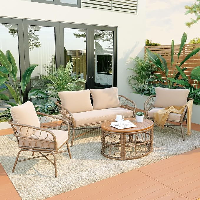 Merax 4-Piece Bohemian Patio Furniture Set, Outdoor Wicker Conversation Set with Single & Loveseat Chairs, Removable Cushions, Wood Tabletop Coffee Table for Garden, Backyard, Balcony, Porch, Poolside