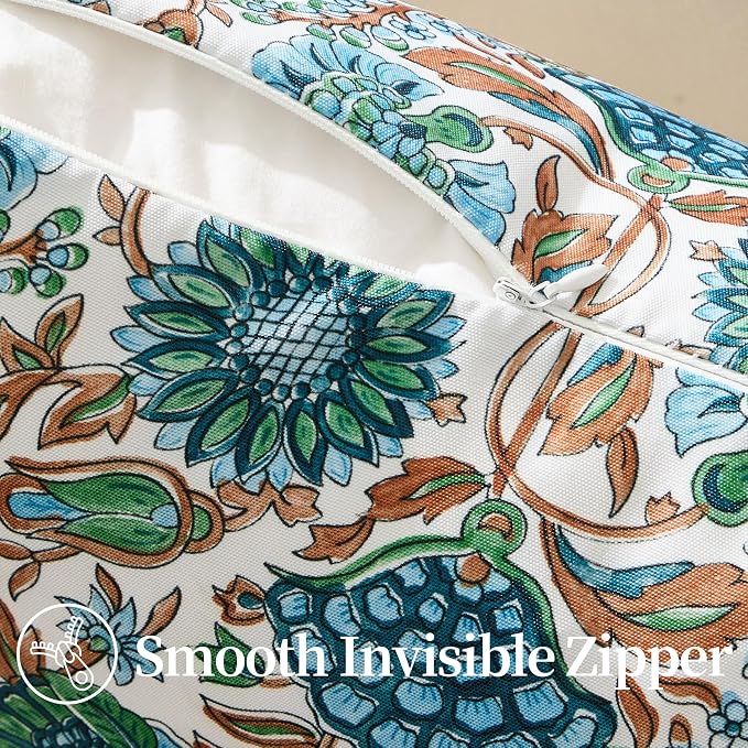 Allorry Outdoor Waterproof Pillow Covers 20x20 Blue Floral Outdoor Decor | Set of 2 Vintage Floral Block Print Pillow Cover,Farmhouse Boho Decorative for Spring Summer Outdoor Sofa Bedroom Decor