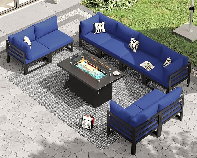 RADIATA 9 Piece Large Modern Aluminum Outdoor Patio Furniture Set with Fire Pit Table, 29 inch Wide Deep Seat, Rust Proof Comfy Sectional Sofa, 500 lbs Sturdy Front Yard Conversation Set, Navy Blue