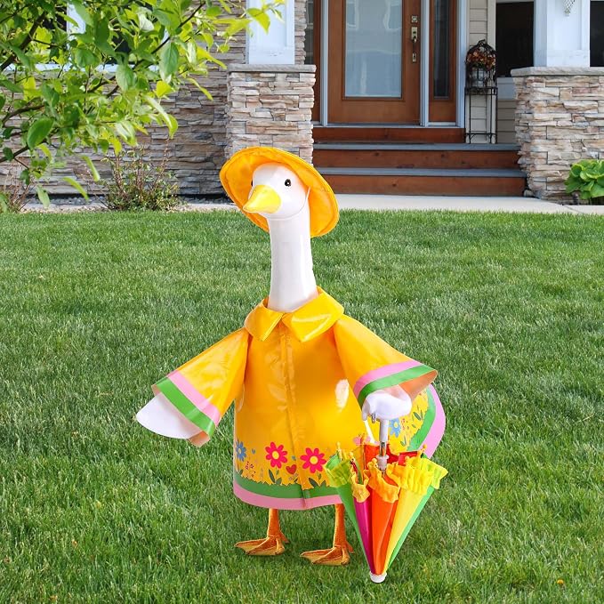 DECOHS 3 Pcs/Set Raincoat Porch Goose Outfits, Summer Lawn Goose Statue Raincoat Costume, Yard Goose Clothes Raincoats Umbrella Hat Outfit for 23" Statue Patio Garden Decoration (Yellow)