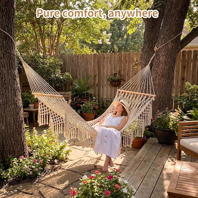 Hand Woven Cotton Rope Hammock, 10 ft Hammock for Patio Garden Yard Porch Camping Beach Indoor Outdoor Hanging Include Rope Straps, 450lb Capacity(White)