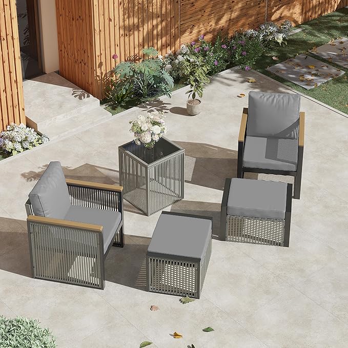 HOMREST 5 Pieces Patio Set Outdoor Furniture Set with Wood Armrest, Modern Chair Patio Conversation Sets with Ottomans and Coffee Table for Garden Balcony Backyard Poolside (Grey)