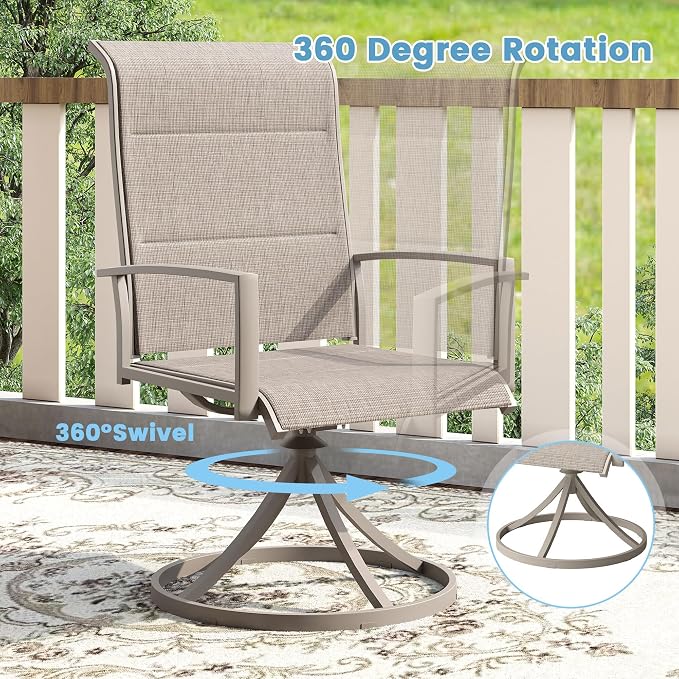 DIFY 5 Piece Outdoor Patio Dining Set for 4, 37.8" Grey Wood-Like Square Metal Dining Table & Swivel Patio Chairs with Sandshell Padded Textilene, All-Weather Outdoor Furniture Set for Garden Backyard