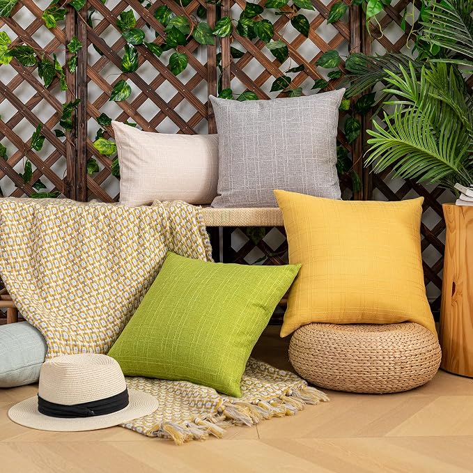 Kevin Textile Outdoor Waterproof 18”x18” Pillow Covers 2 Pack, Grey | Water Resistant, Soft Faux Linen-cotton Yarn-dyed Woven Texture Throw Pillow Covers for Tent Patio Garden Couch Sofa