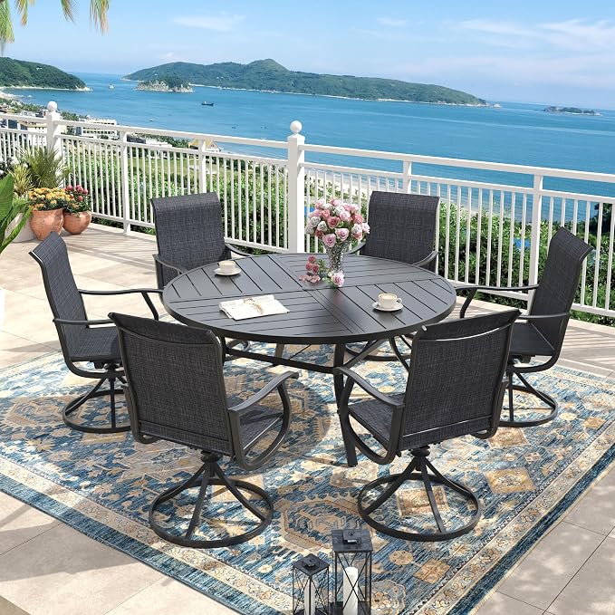 Outdoor Dining Set for 6, 50.1" Metal Round Outdoor Dining Table with Umbrella Hole and Sling Patio Swivel Chairs, 7 Pieces Patio Table and Chairs Set for Garden Backyard, Charcoal and Black